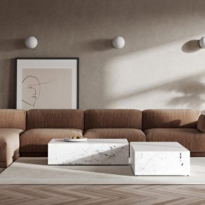 Nội thất tối giản với sofa nâu kem
